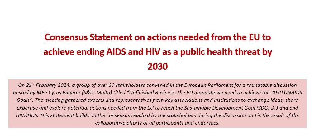 Consensus Statement on the actions needed by the EU to achieve ending AIDS and HIV as a public health threat by 2030